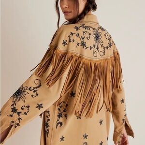 Free People Great Plains Fringe Denim Top Embroidered Floral Button Up Tan